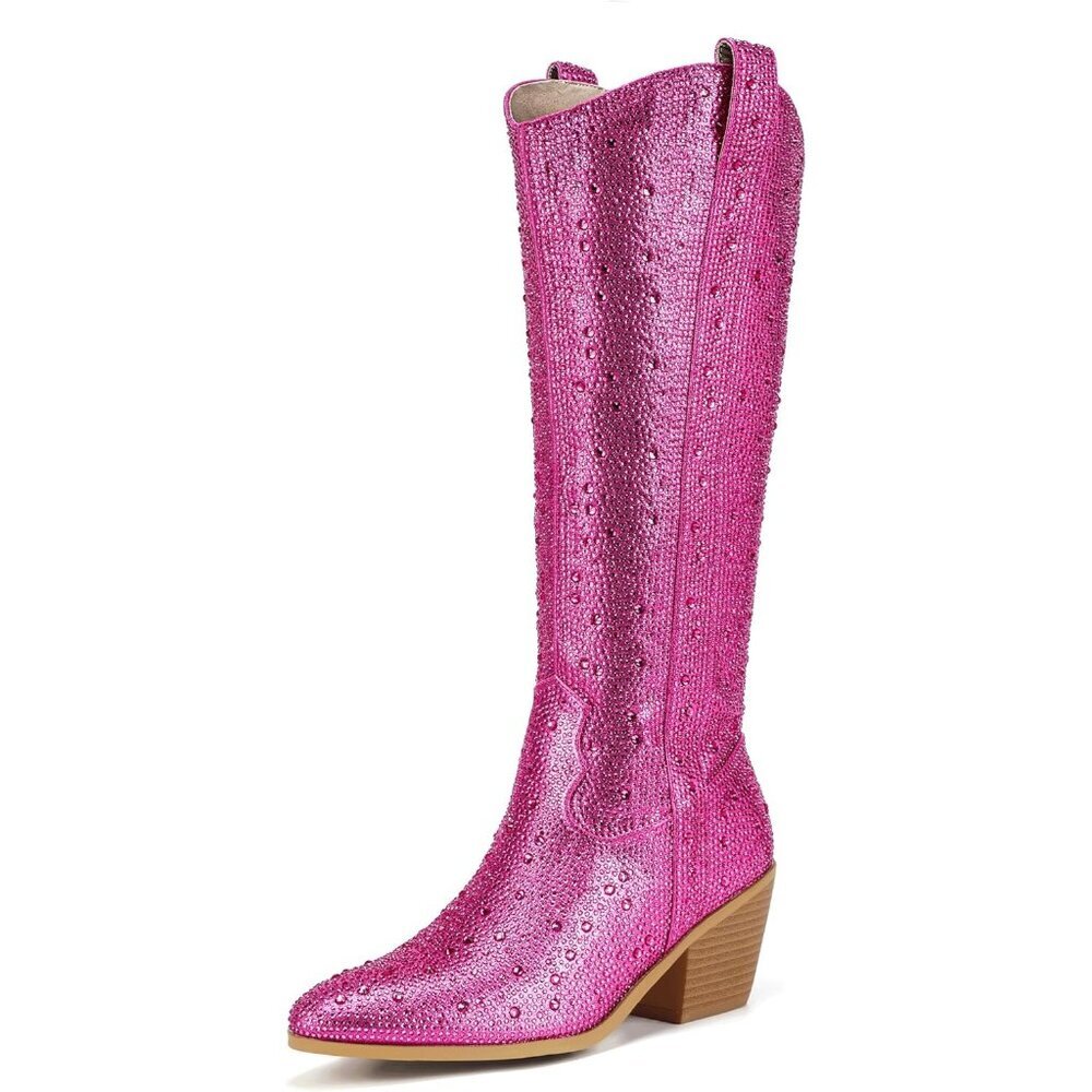 Women's Pink Rhinestone Cowboy Boots Knee High Western Cowgirl Boots Pointed Toe